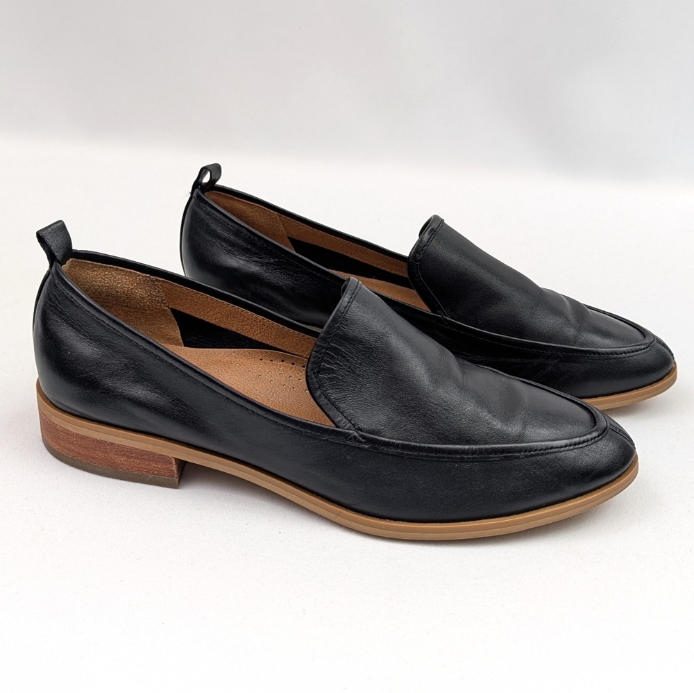 Susina Kellen Leather Loafers Almond Toe Slip On Low Block Heel Black 8.5